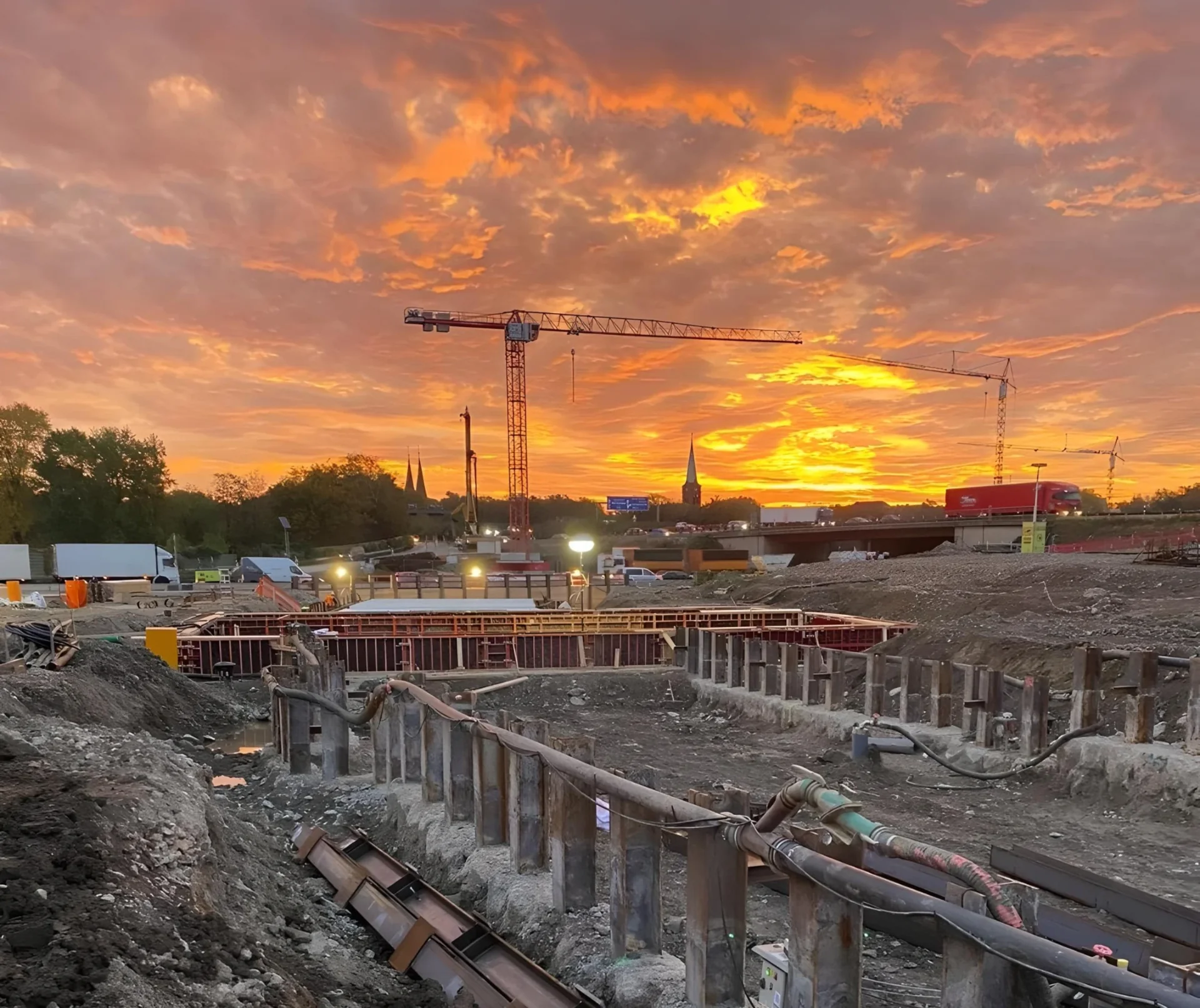 Baugrube mit Abenddämmerung